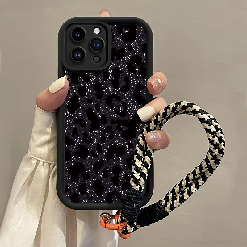 Phone Cases With Loop - Zwarte gevlekte luipaard hangriem telefoonhoesje voor